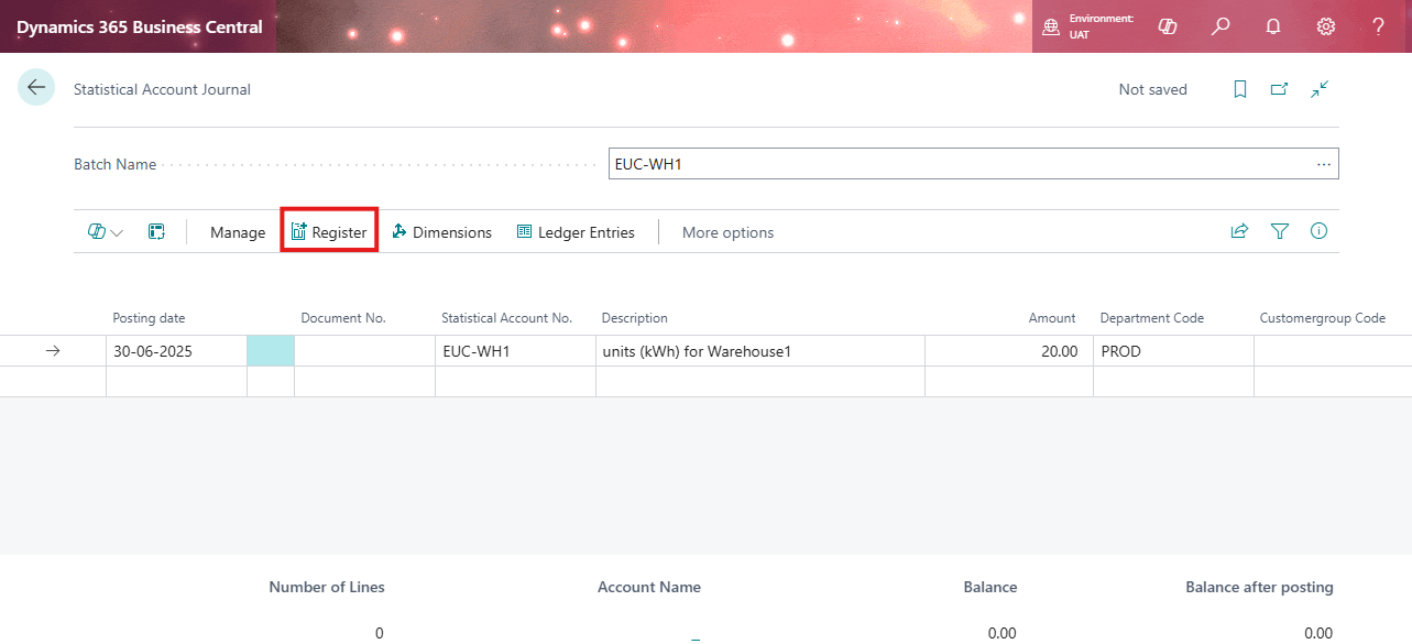 Statistical Account Journal in Dynamics 365 Business Central showing entry posting for non-financial data such as electricity units consumption